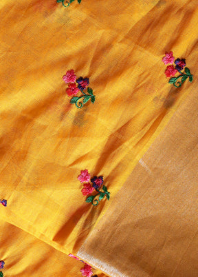 Yellow Cotton Embroidered Saree With Blouse Piece - Indian Silk House Agencies