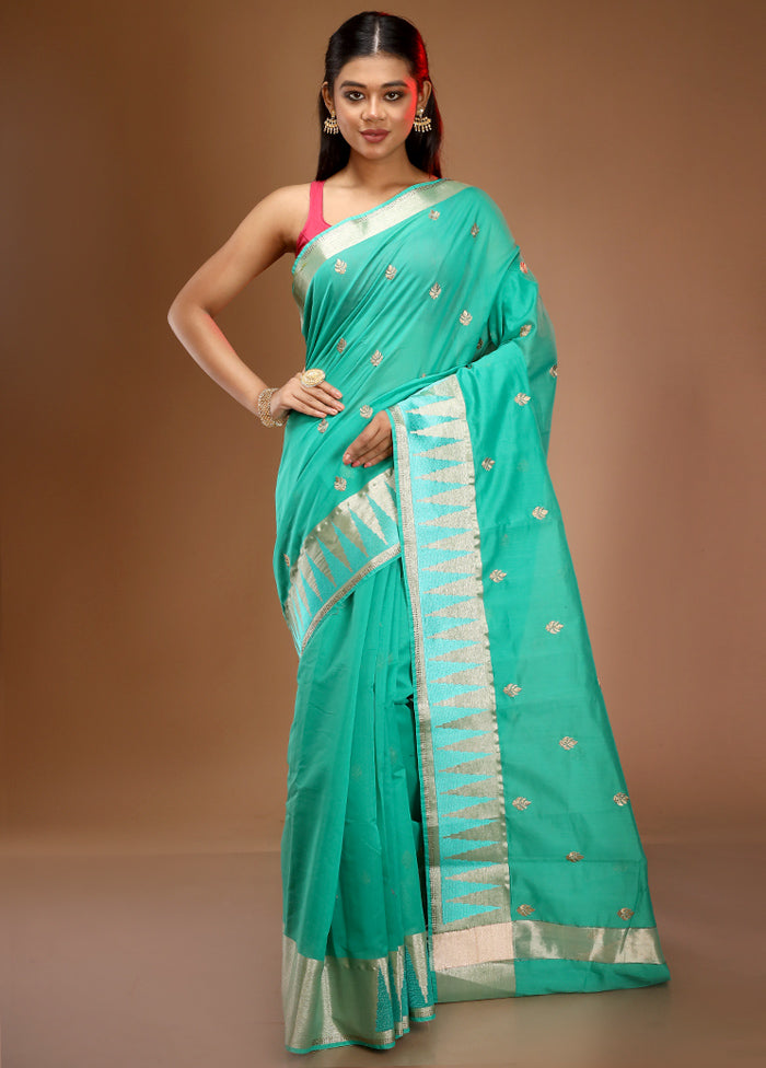 Green Cotton Embroidered Saree With Blouse Piece - Indian Silk House Agencies