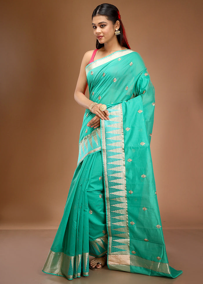 Green Cotton Embroidered Saree With Blouse Piece - Indian Silk House Agencies