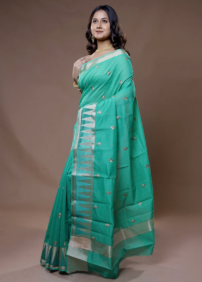 Green Cotton Saree With Blouse Piece - Indian Silk House Agencies