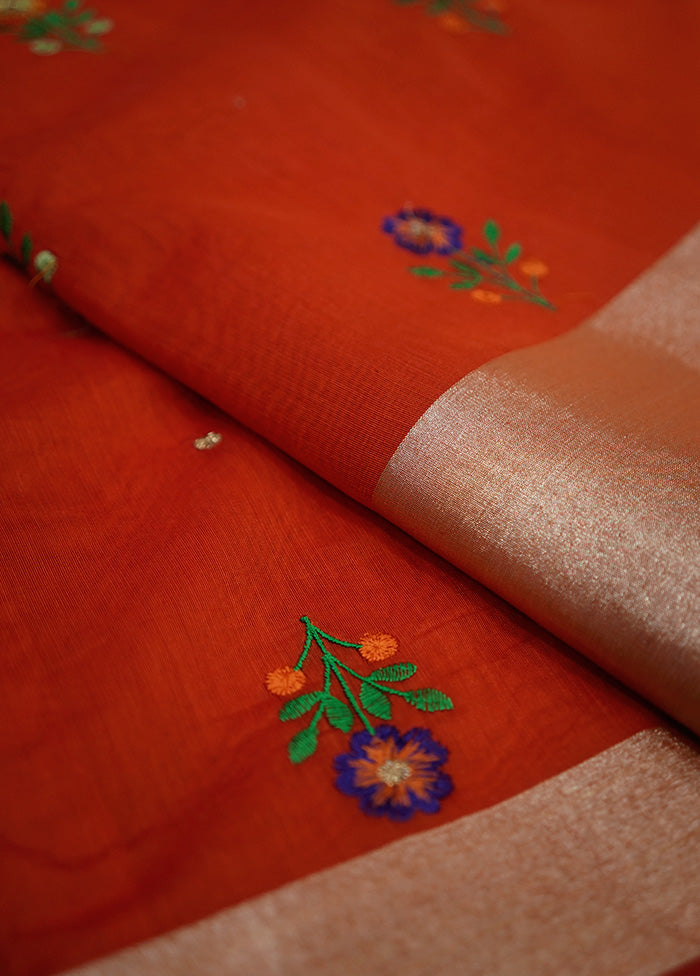Rust Cotton Saree With Blouse Piece - Indian Silk House Agencies