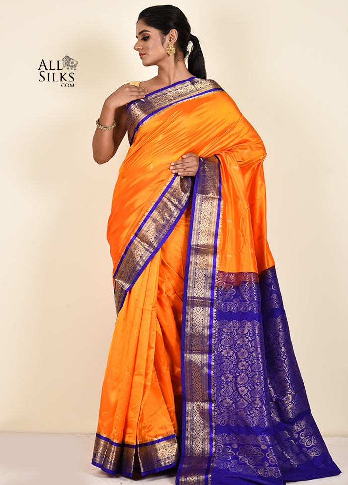 Light Orange Kanjivaram Silk Saree With Blouse Piece - Indian Silk House Agencies