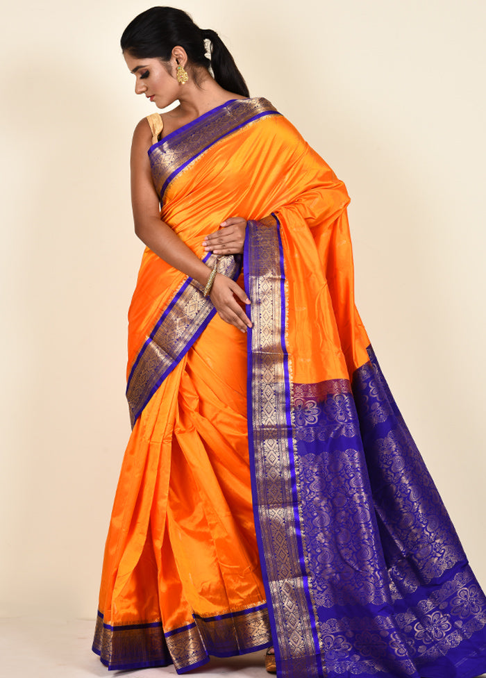 Light Orange Kanjivaram Silk Saree With Blouse Piece - Indian Silk House Agencies