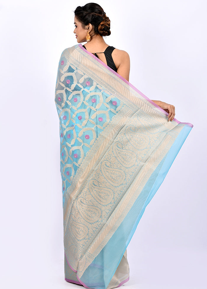 Blue Kora Silk Saree With Blouse Piece - Indian Silk House Agencies