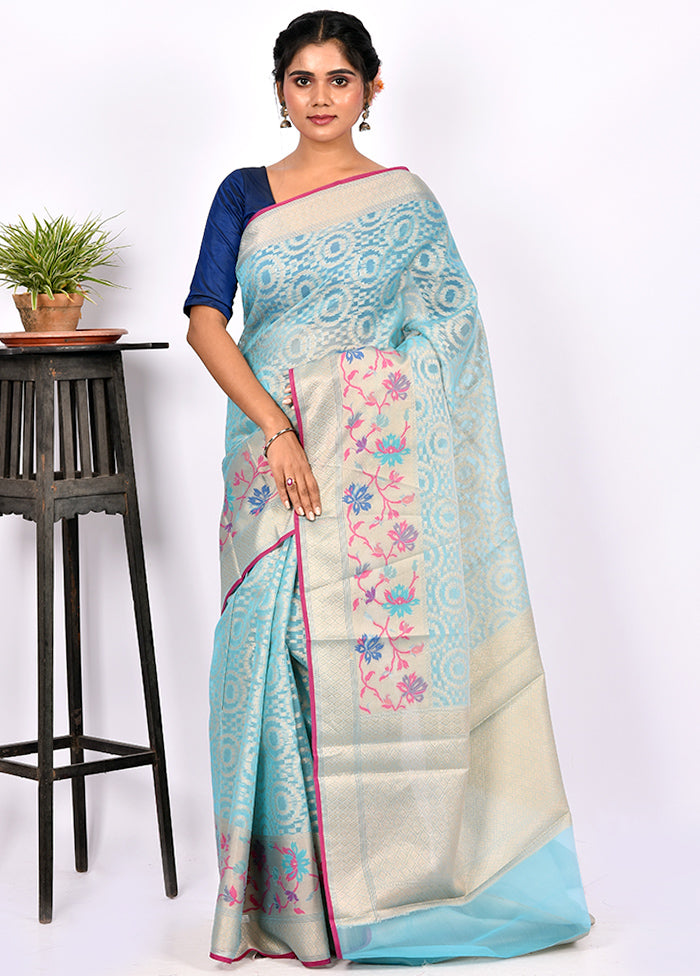 Light Blue Kora Silk Saree With Blouse Piece - Indian Silk House Agencies