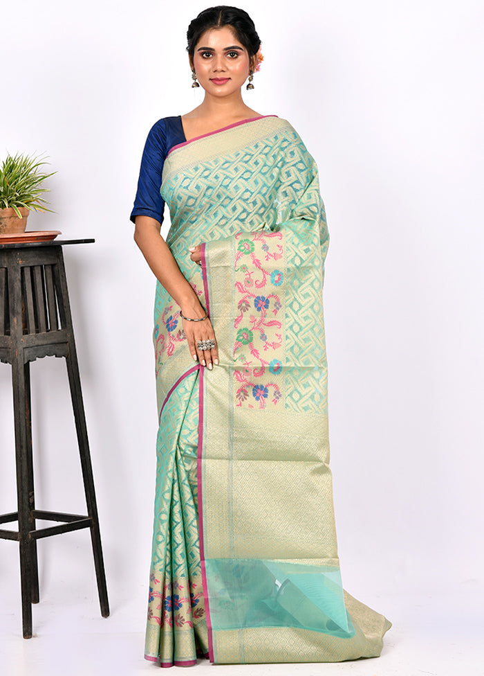 Aqua Green Kora Silk Saree Without Blouse Piece - Indian Silk House Agencies