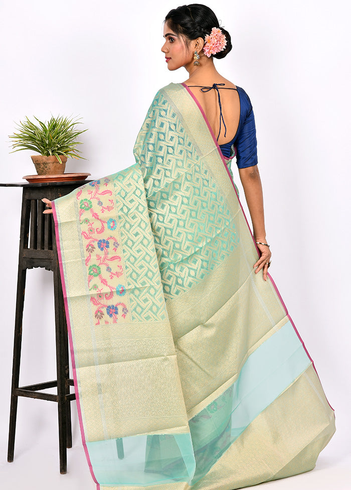 Aqua Green Kora Silk Saree Without Blouse Piece - Indian Silk House Agencies