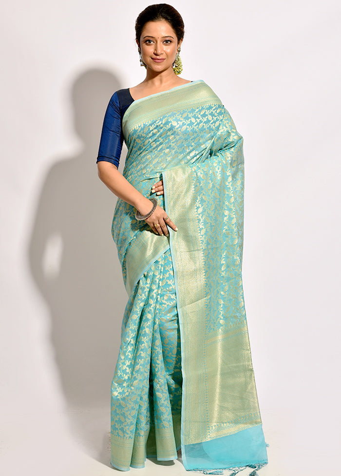 Light Blue Kora Silk Saree With Blouse Piece - Indian Silk House Agencies