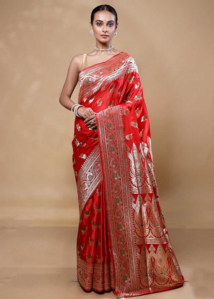 Red Banarasi Silk Saree With Blouse Piece