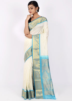 White Pure Kanjivaram Silk Saree With Blouse Piece - Indian Silk House Agencies