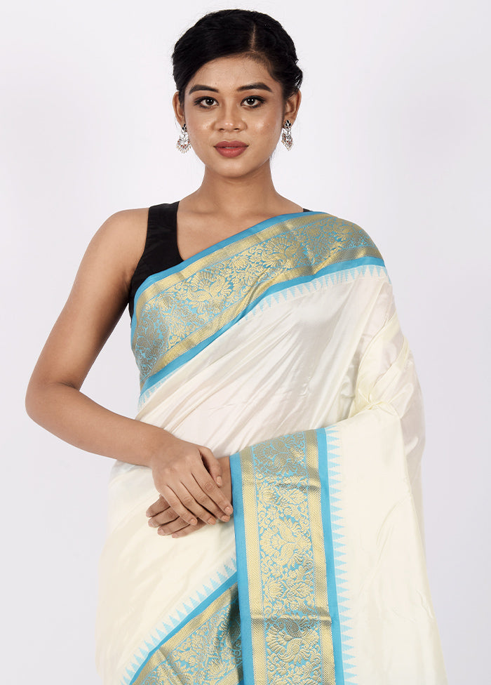 White Pure Kanjivaram Silk Saree With Blouse Piece - Indian Silk House Agencies