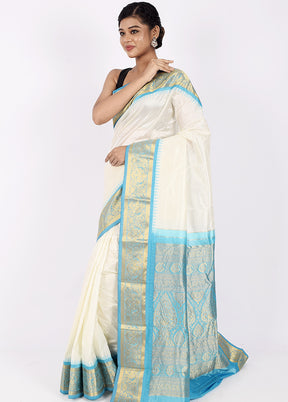 White Pure Kanjivaram Silk Saree With Blouse Piece - Indian Silk House Agencies