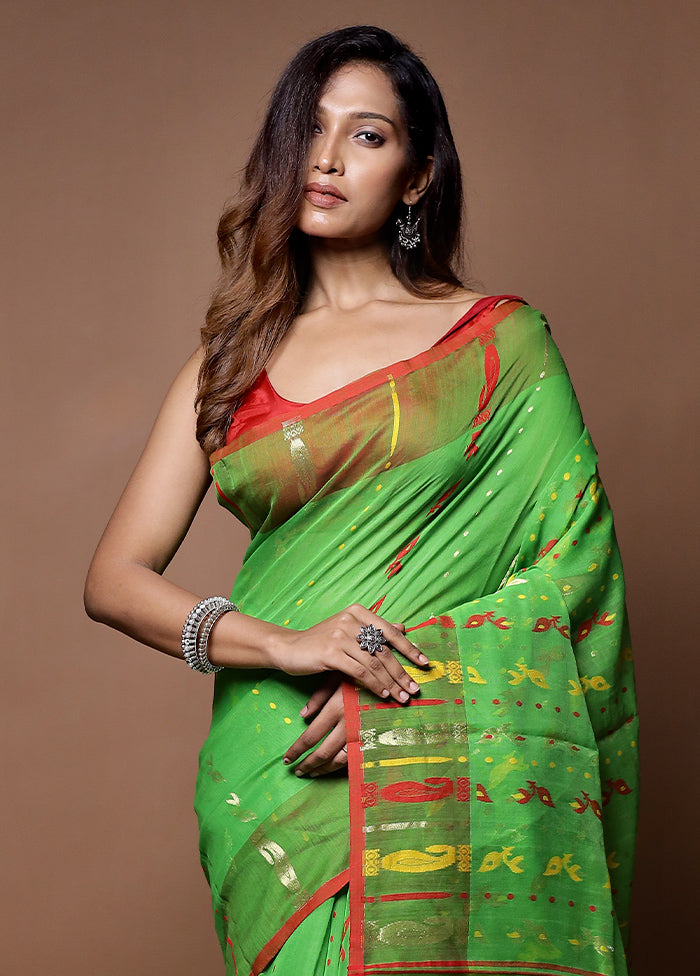 Green Tant Jamdani Saree Without Blouse Piece - Indian Silk House Agencies