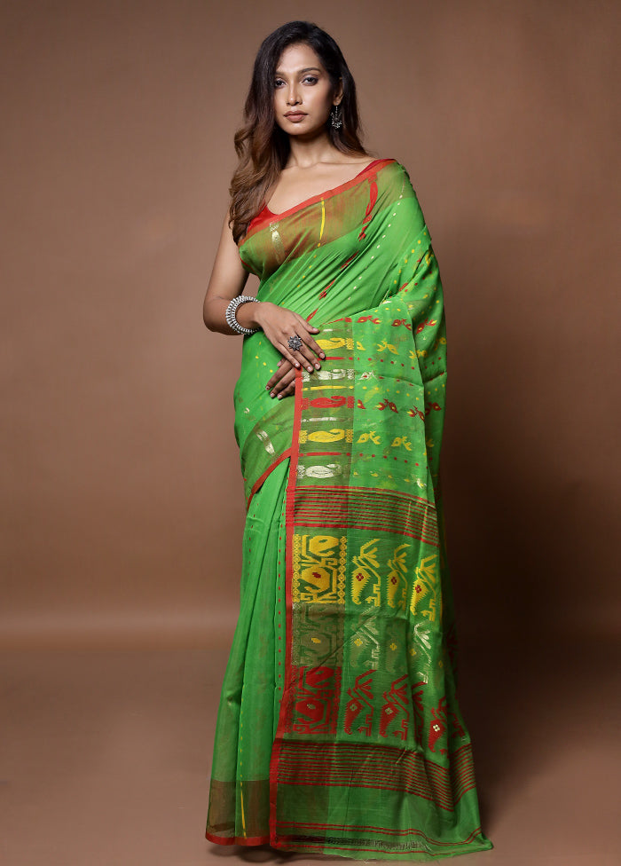 Green Tant Jamdani Saree Without Blouse Piece