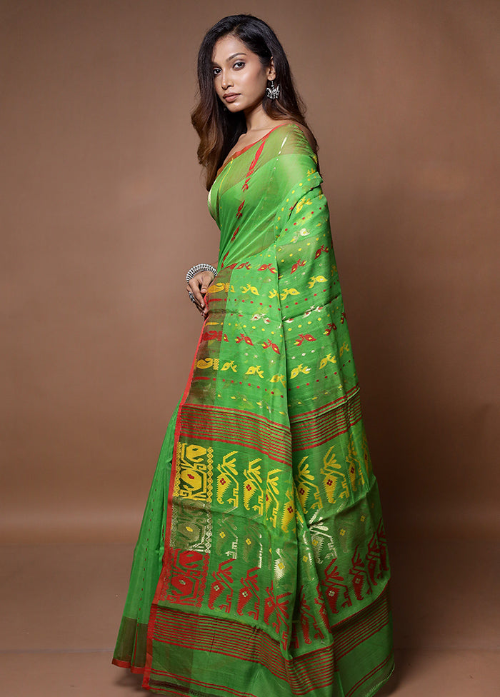 Green Tant Jamdani Saree Without Blouse Piece