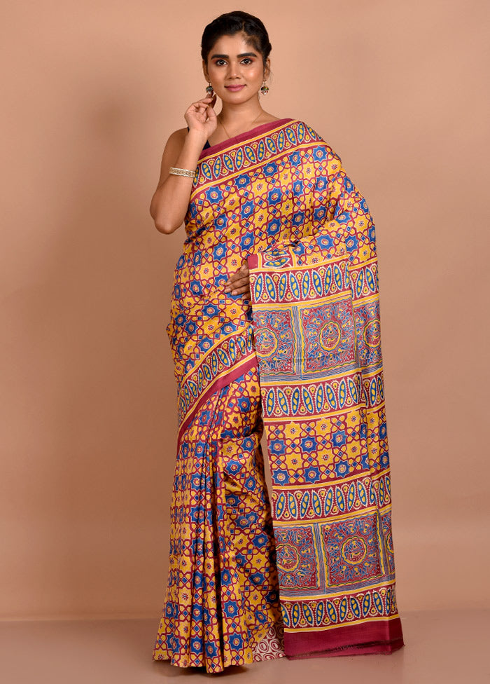 Yellow Printed Pure Silk Saree Without Blouse - Indian Silk House Agencies