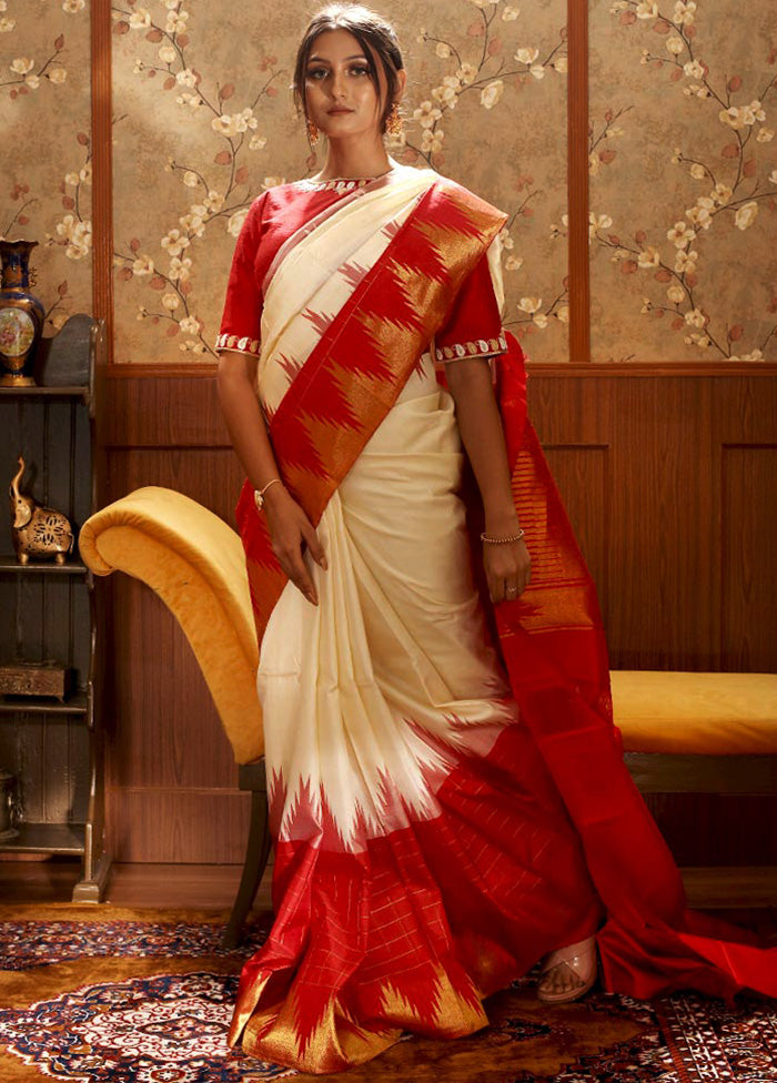 Cream Kanjivaram Pure Silk Saree With Blouse - Indian Silk House Agencies