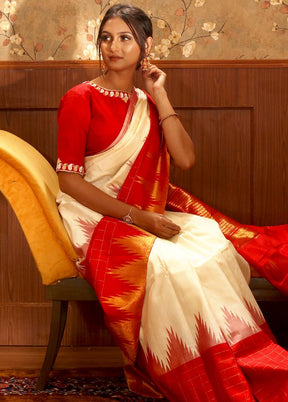 Cream Kanjivaram Pure Silk Saree With Blouse - Indian Silk House Agencies