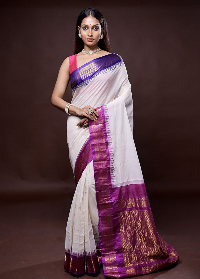 Cream Gadwal Silk Saree Without Blouse Piece - Indian Silk House Agencies