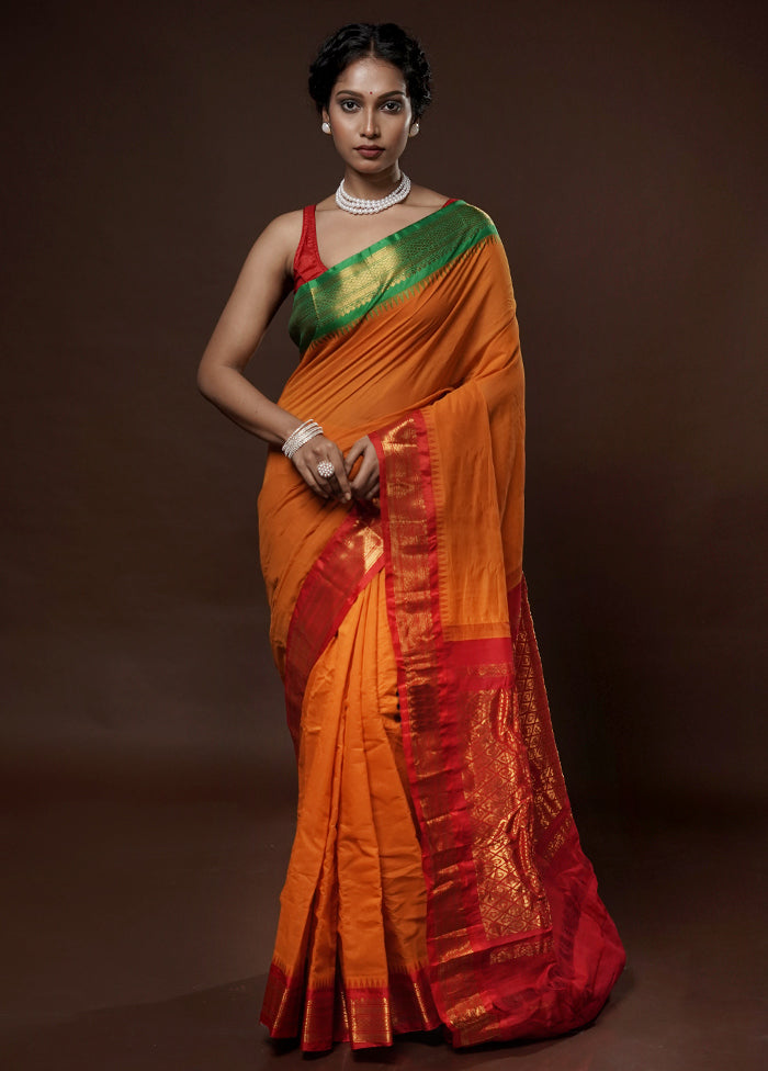 Orange Gadwal Silk Saree Without Blouse Piece - Indian Silk House Agencies