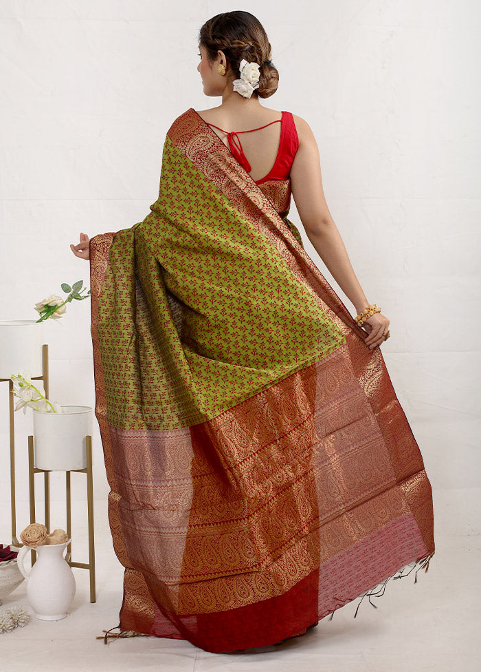 Lime Green Cotton Saree Without Blouse Piece - Indian Silk House Agencies