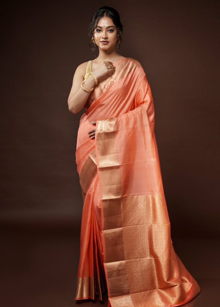 Peach Kanjivaram Pure Silk Saree With Blouse Piece