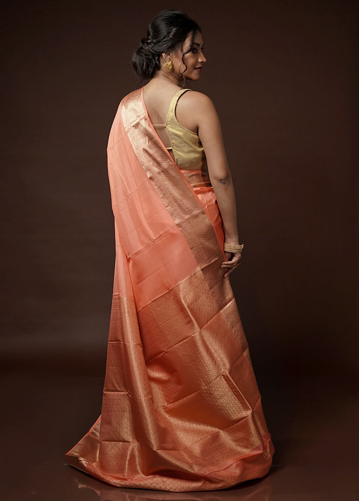 Peach Kanjivaram Pure Silk Saree With Blouse Piece