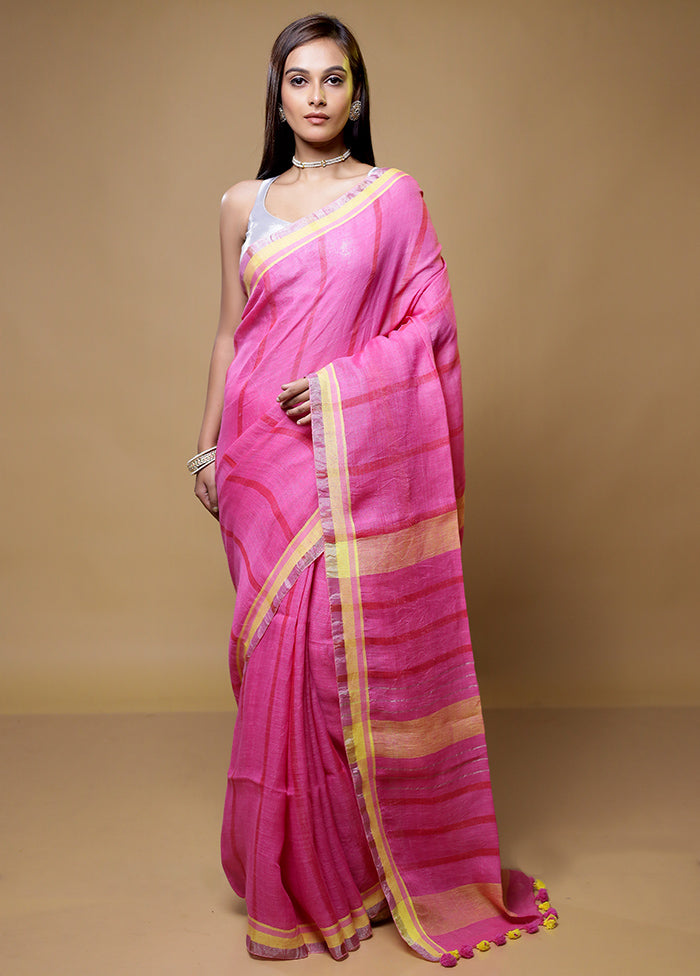 Pink Linen Silk Saree With Blouse Piece