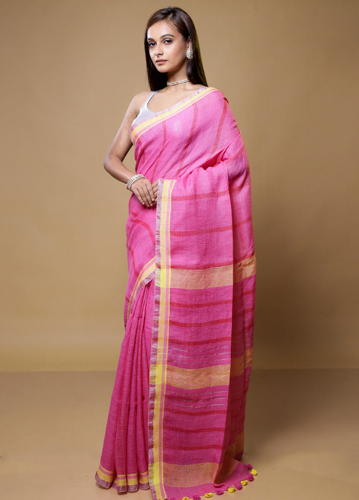 Pink Linen Silk Saree With Blouse Piece