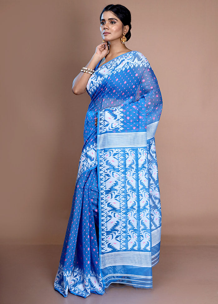 Blue Tant Jamdani Saree Without Blouse Piece - Indian Silk House Agencies