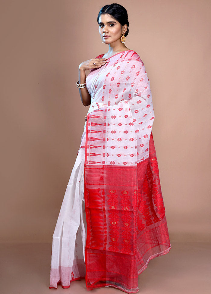 White Tant Jamdani Saree Without Blouse Piece - Indian Silk House Agencies
