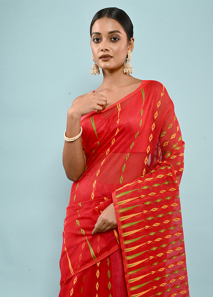 Red And Tant Jamdani Woven Saree Without Blouse Piece - Indian Silk House Agencies