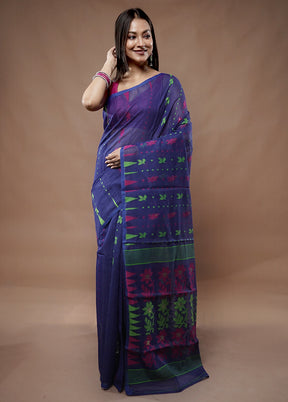 Blue Tant Jamdani Saree Without Blouse Piece - Indian Silk House Agencies