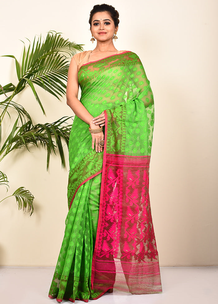 Green Tant Jamdani Woven Saree Without Blouse Piece - Indian Silk House Agencies