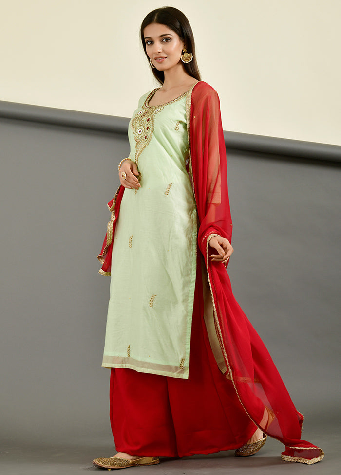 3 Pc Green Zardozi Work Chanderi Suit Set With Dupatta VDRAN1412235 - Indian Silk House Agencies
