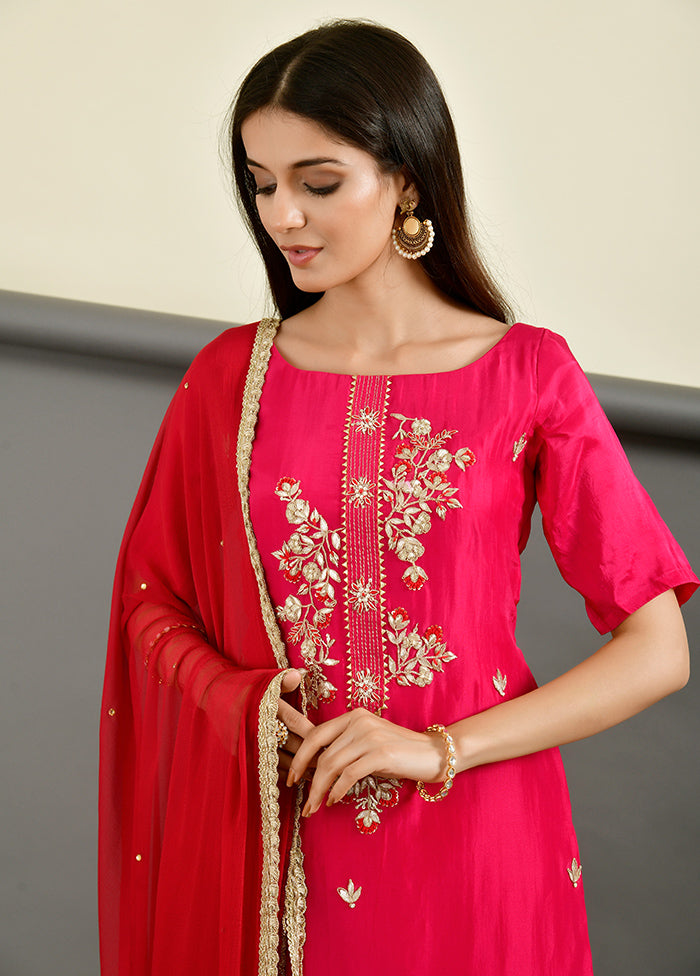3 Pc Pink Gota Pati Work Silk Suit Set With Dupatta VDRAN1412236 - Indian Silk House Agencies