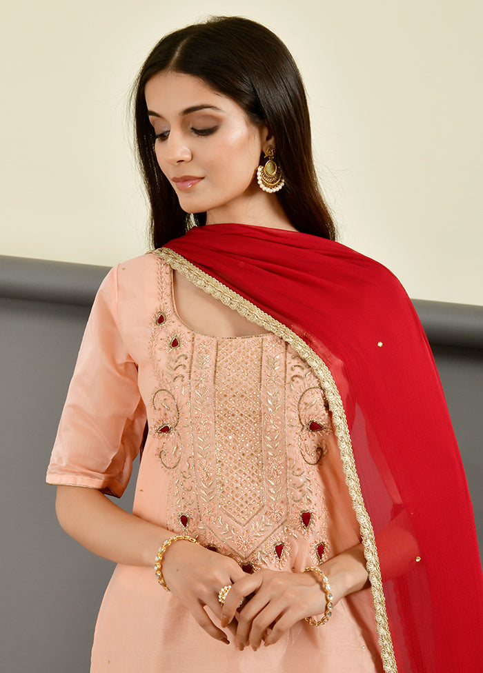 3 Pc Peach Gota Pati Work Chanderi Suit Set With Dupatta VDRAN1412237 - Indian Silk House Agencies