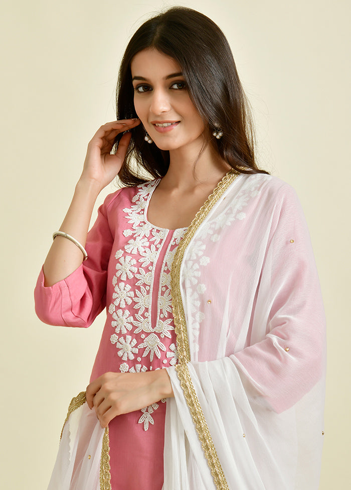 3 Pc Peach Pearl Work Cotton Suit Set With Dupatta VDRAN1412247 - Indian Silk House Agencies
