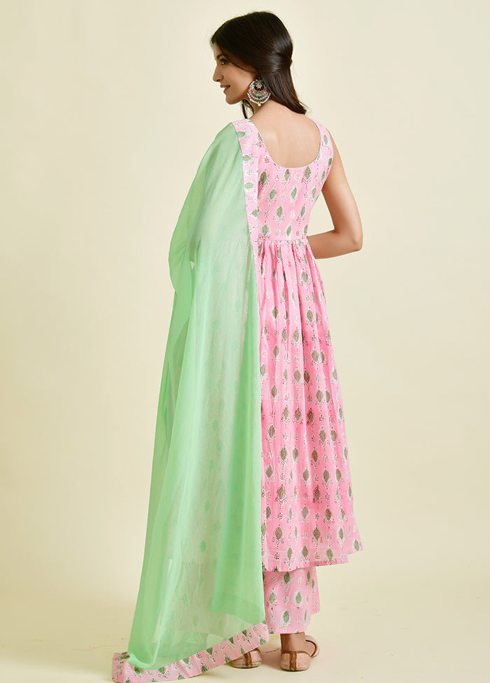 3 Pc Pink Block Print Cotton Suit Set With Dupatta VDRAN1412249 - Indian Silk House Agencies
