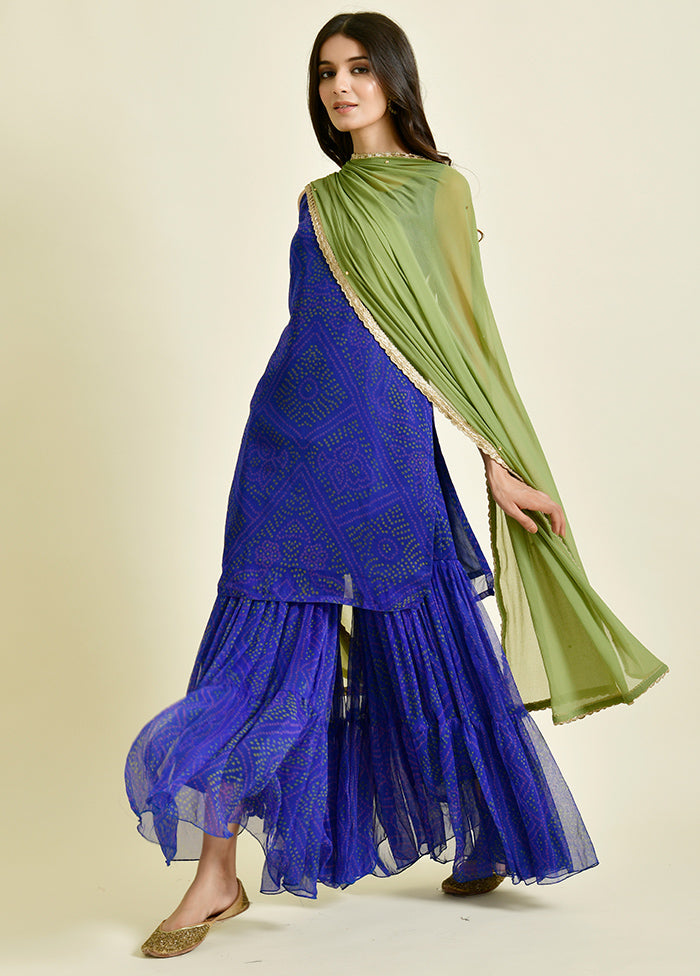 3 Pc Blue Mirror Work Chiffon Suit Set With Dupatta VDRAN1412253 - Indian Silk House Agencies