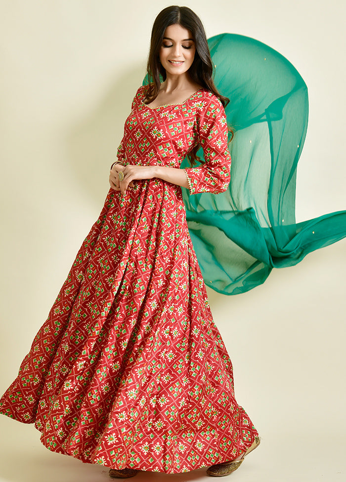 2 Pc Red Bandhani Blended Silk Kurti Set VDRAN1412254 - Indian Silk House Agencies