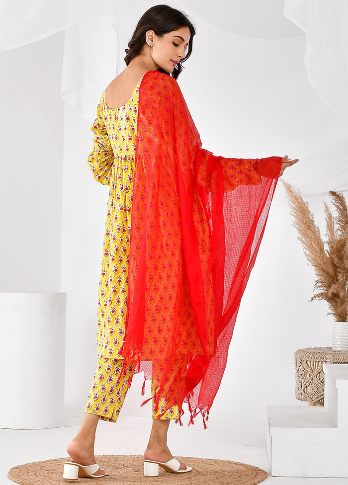 3 Pc Yellow Cotton Printed Suit Set VDRAN12042035 - Indian Silk House Agencies