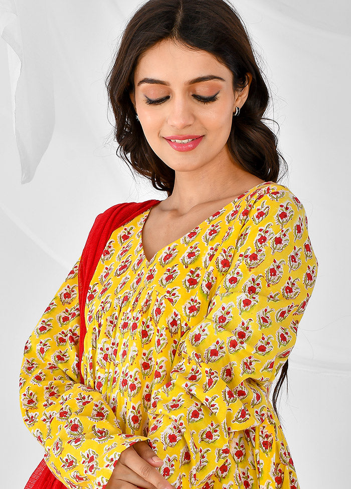 3 Pc Yellow Cotton Printed Suit Set VDRAN12042035 - Indian Silk House Agencies
