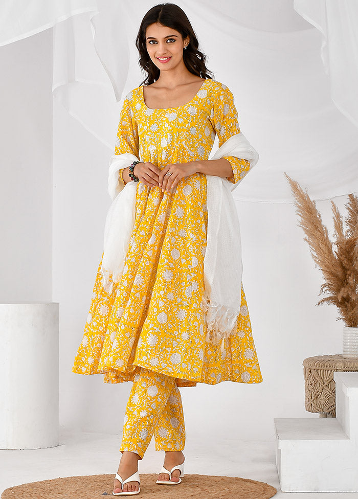 3 Pc Yellow Cotton Printed Suit Set VDRAN12042037 - Indian Silk House Agencies