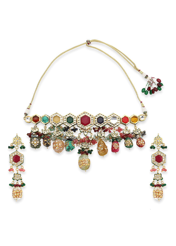 Golden Kundan Work Alloy Jewellery Set - Indian Silk House Agencies