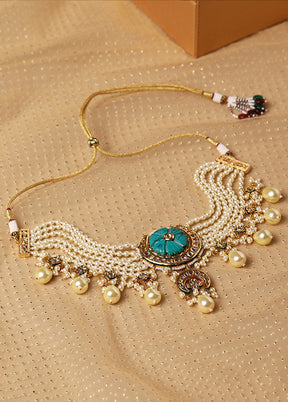 Golden Kundan Work Brass Necklace - Indian Silk House Agencies