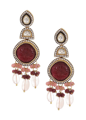 Rose Quartz Gold Tone Kundan Necklace With Earrings Set - Indian Silk House Agencies