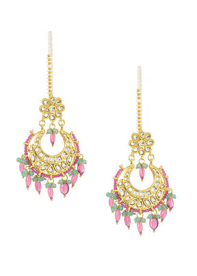 Pink And Green Gold Tone Kundan Inspired Earrings - Indian Silk House Agencies