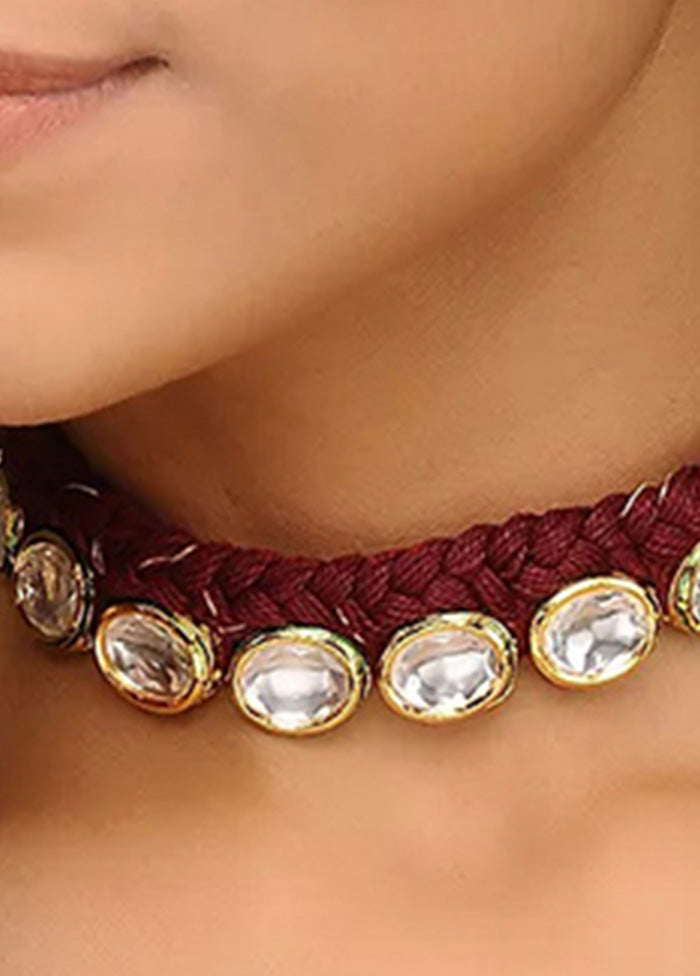 Maroon Gold Tone Kundan Necklace With Earrings Set - Indian Silk House Agencies