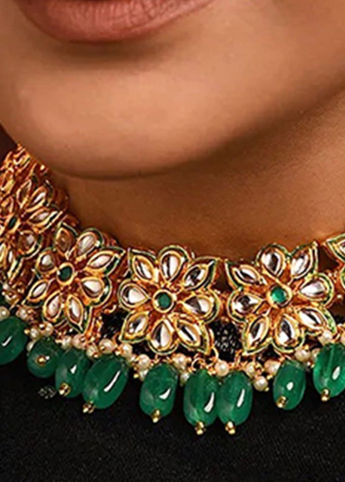 Green Gold Tone Kundan Necklace With Earrings - Indian Silk House Agencies